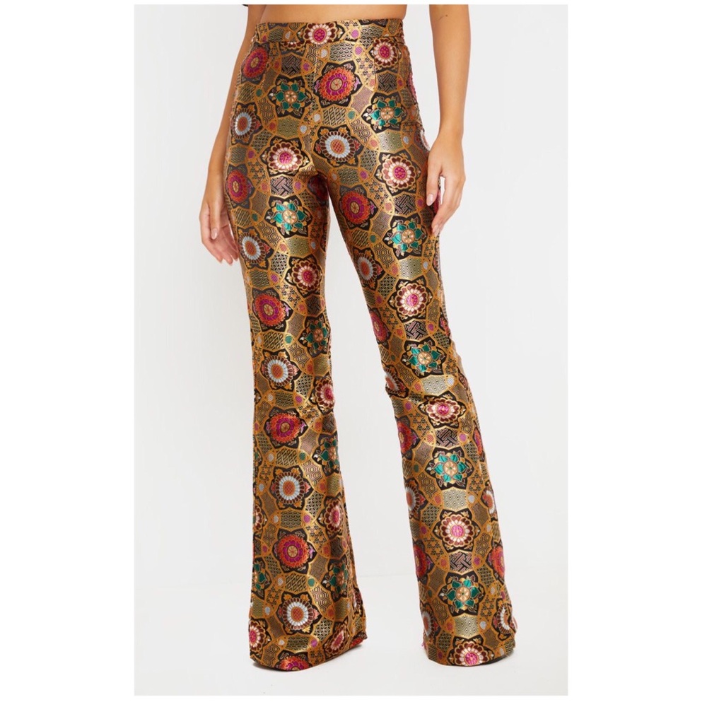 Gold Jacquard High Wasted Flare Pants